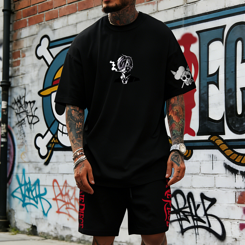 OP-Unisex Anime Inspired Vintage T-shirt& Shorts 2 Pieces Set