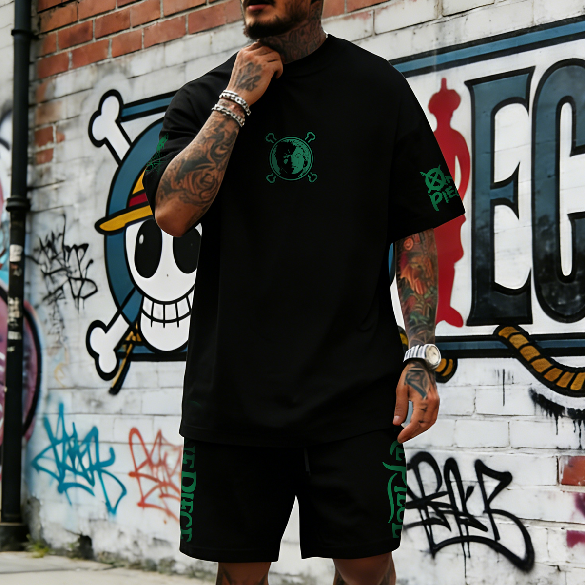 OP-Unisex Anime Inspired Vintage T-shirt& Shorts 2 Pieces Set