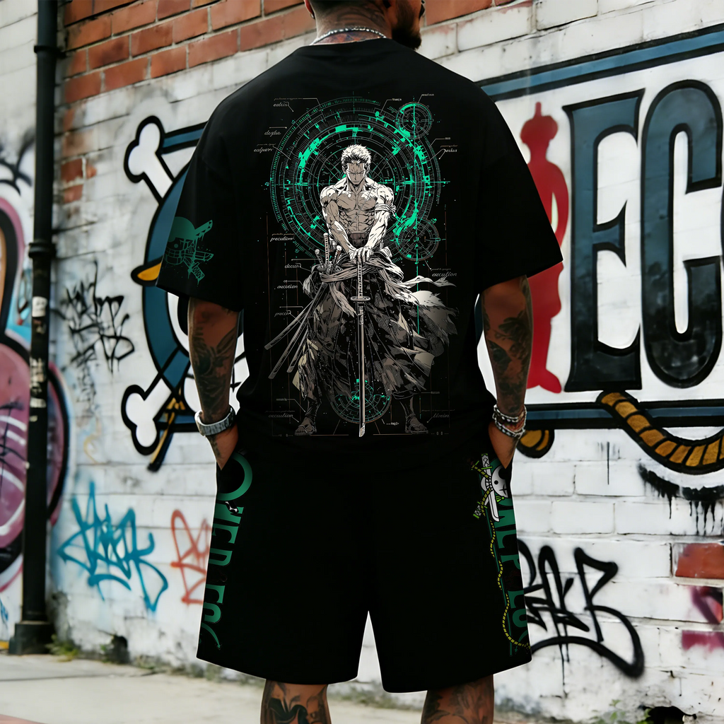 OP-Unisex Anime Inspired Vintage T-shirt& Shorts 2 Pieces Set