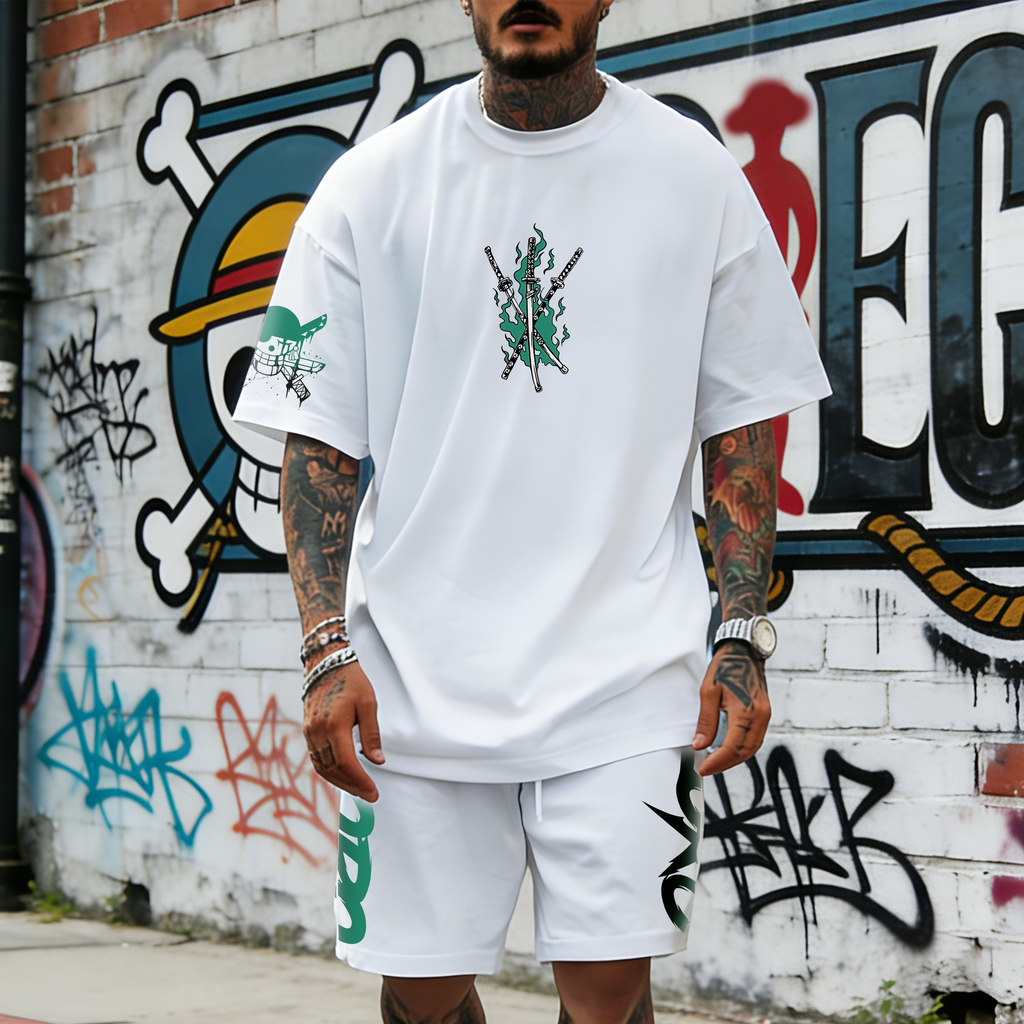 OP-Unisex Anime Inspired Vintage T-shirt& Shorts 2 Pieces Set