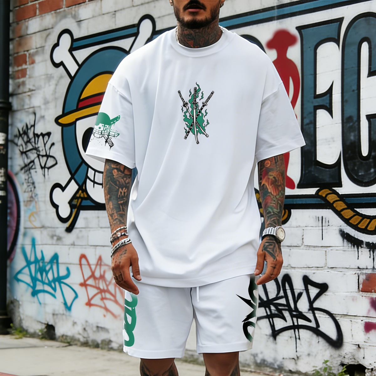 OP-Unisex Anime Inspired Vintage T-shirt& Shorts 2 Pieces Set