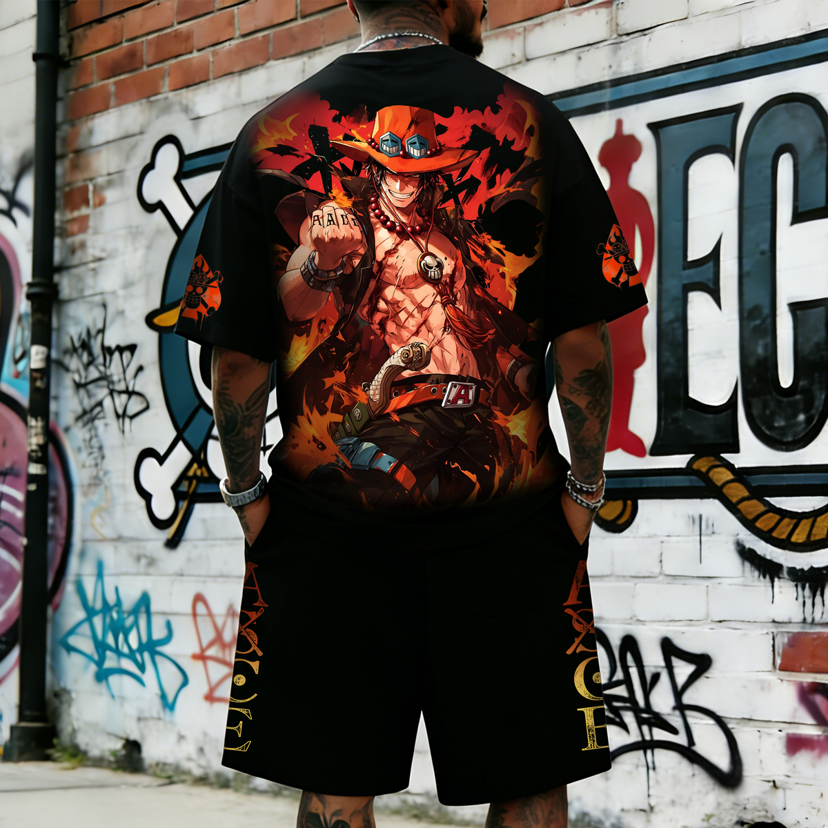 OP-Unisex Anime Inspired Vintage T-shirt& Shorts 2 Pieces Set