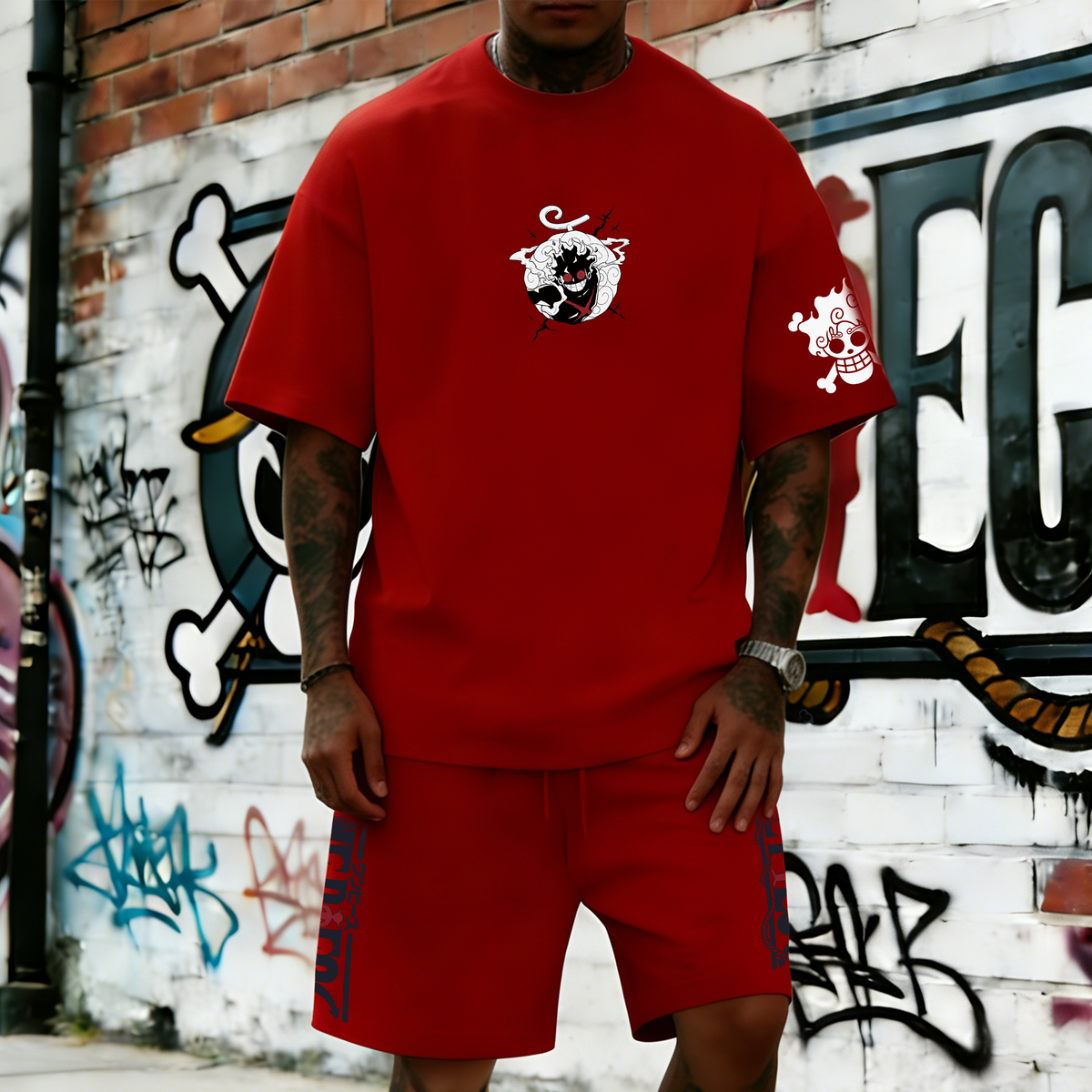 OP-Unisex Anime Inspired Vintage T-shirt& Shorts 2 Pieces Set
