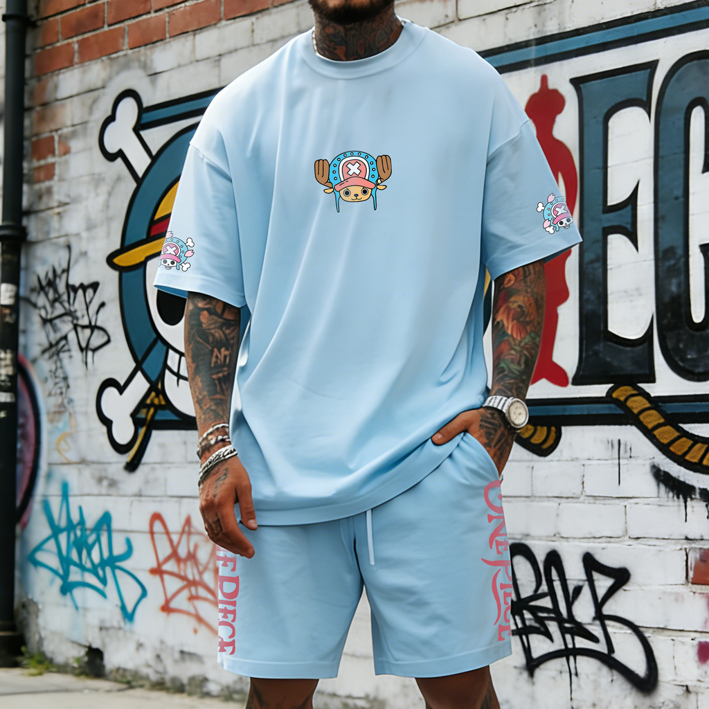 OP-Unisex Anime Inspired Vintage T-shirt& Shorts 2 Pieces Set