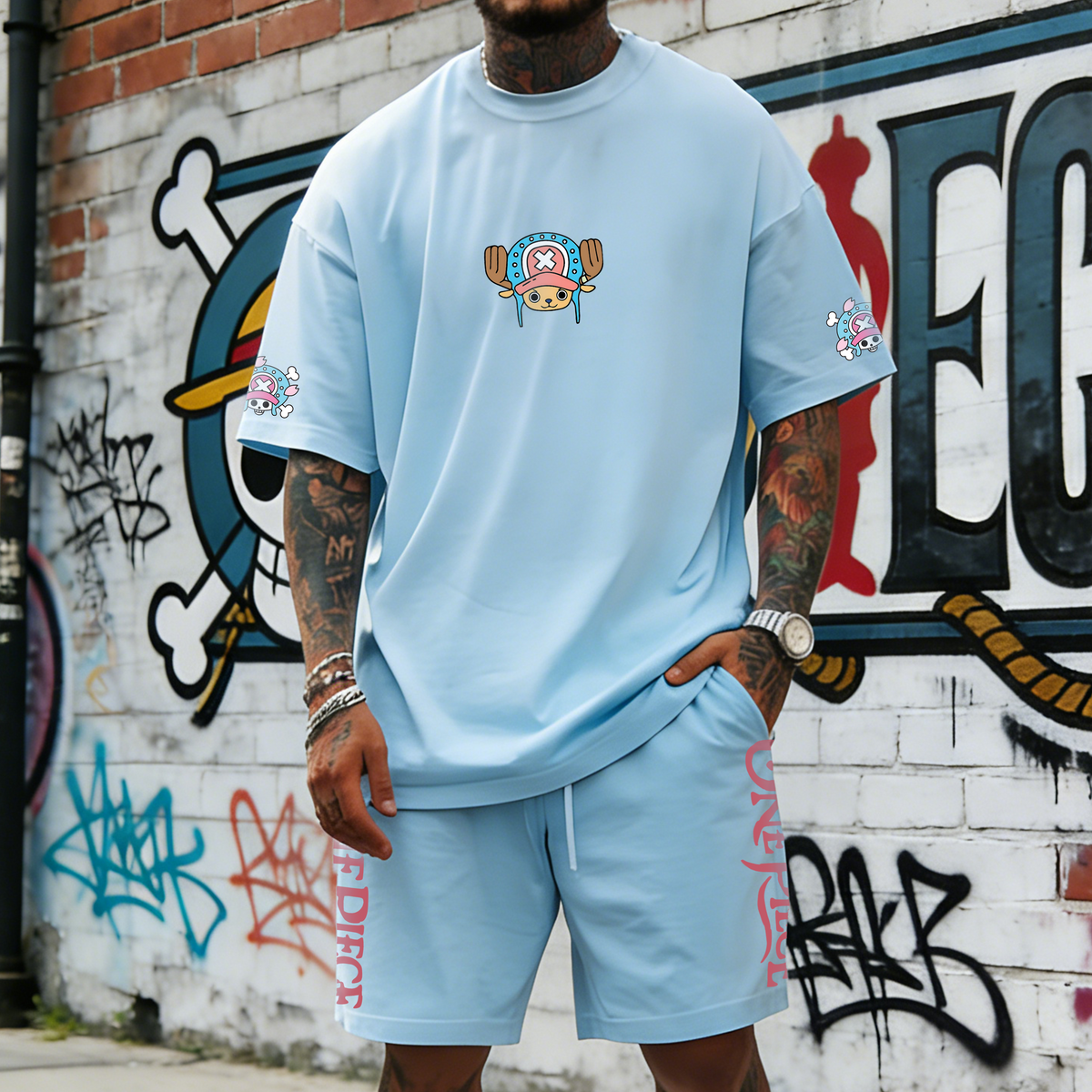 OP-Unisex Anime Inspired Vintage T-shirt& Shorts 2 Pieces Set