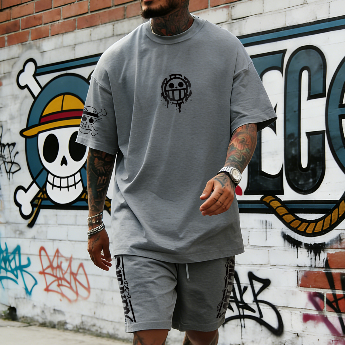 OP-Unisex Anime Inspired Vintage T-shirt& Shorts 2 Pieces Set
