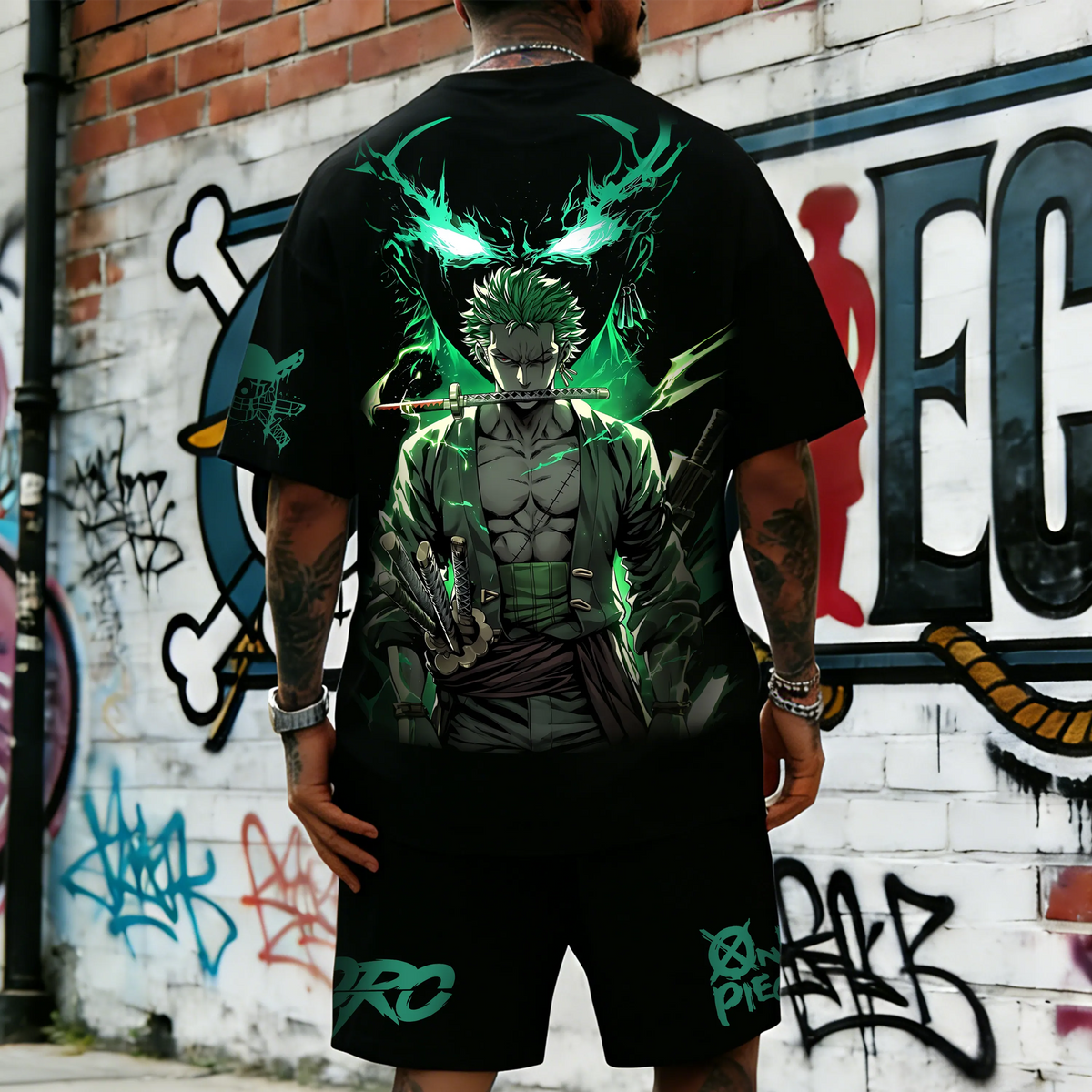 OP-Unisex Anime Inspired Vintage T-shirt& Shorts 2 Pieces Set