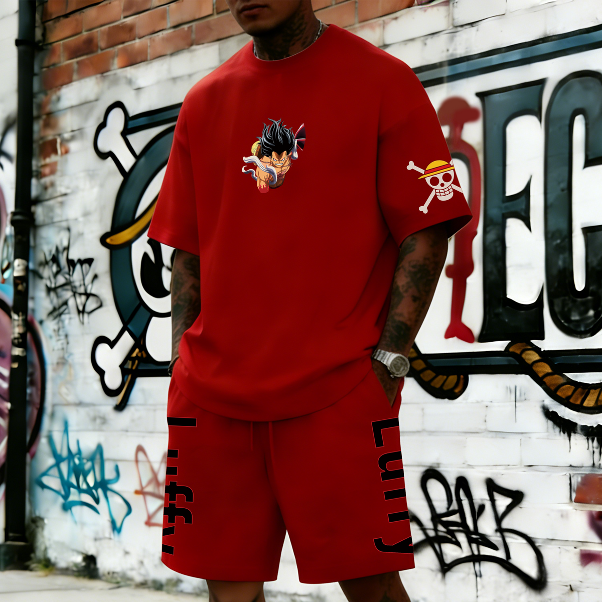 OP-Unisex Anime Inspired Vintage T-shirt& Shorts 2 Pieces Set
