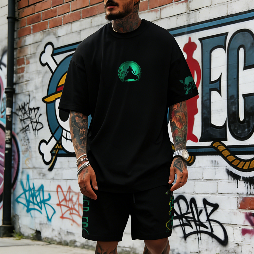 OP-Unisex Anime Inspired Vintage T-shirt& Shorts 2 Pieces Set