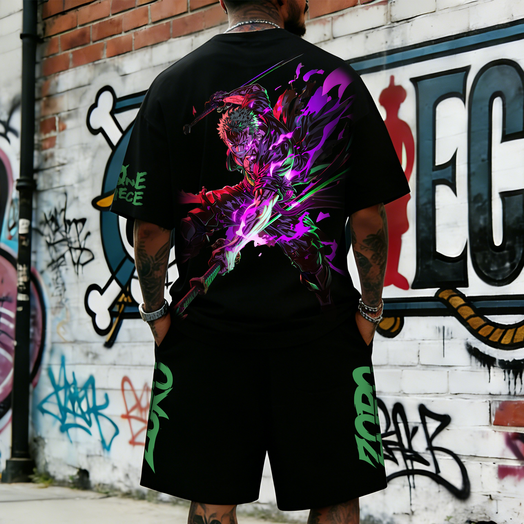 OP-Unisex Anime Inspired Vintage T-shirt& Shorts 2 Pieces Set