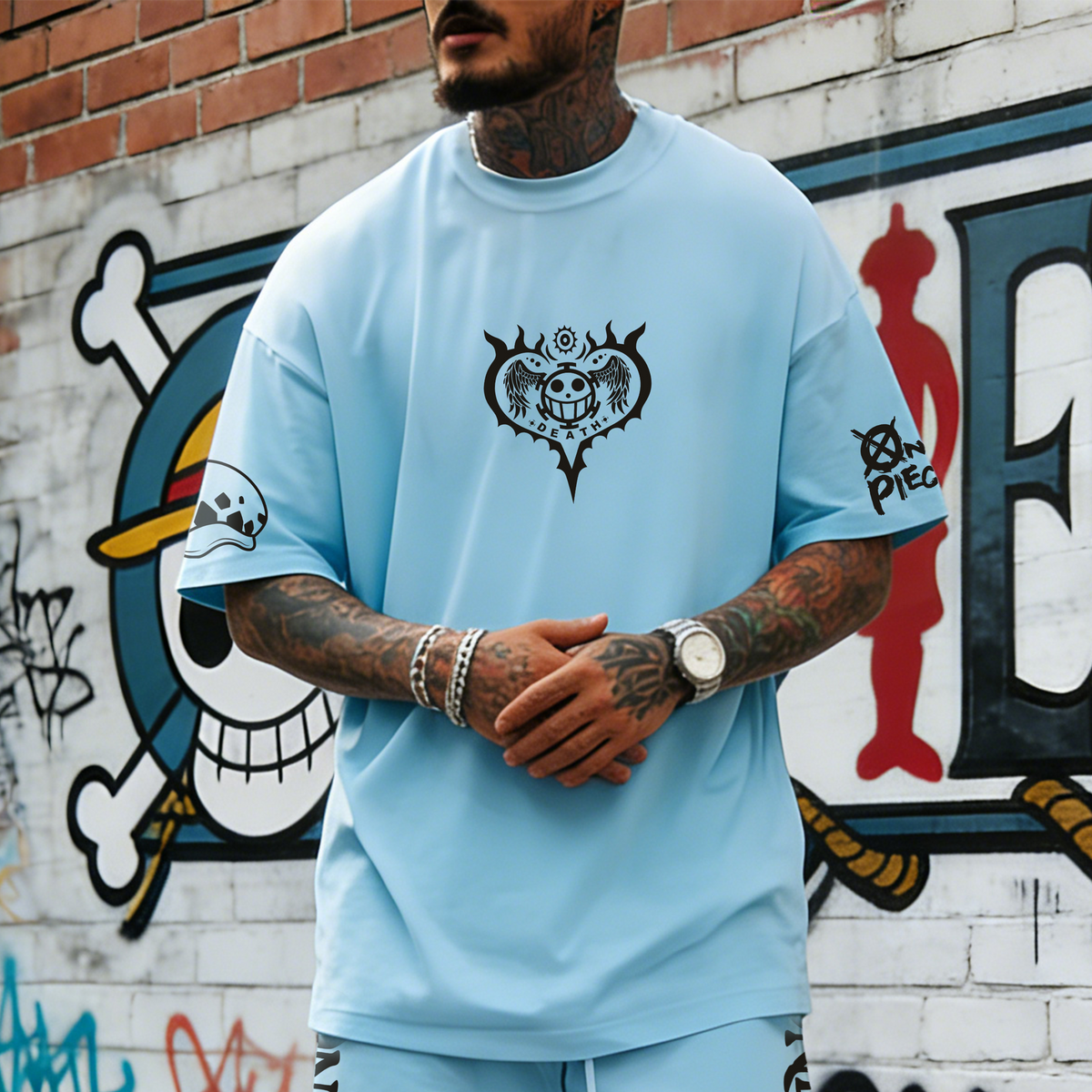 OP-Unisex Anime Inspired Vintage T-shirt& Shorts 2 Pieces Set