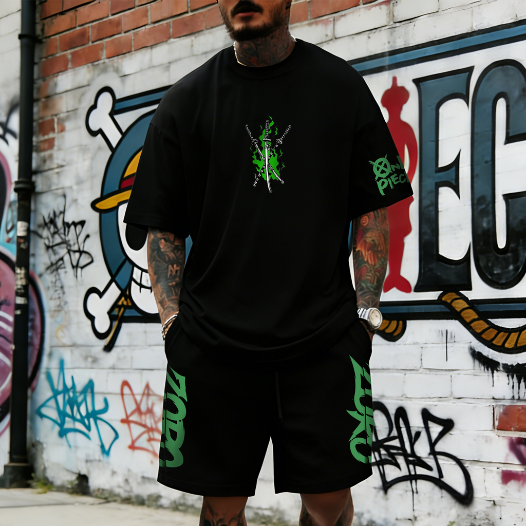 OP-Unisex Anime Inspired Vintage T-shirt& Shorts 2 Pieces Set