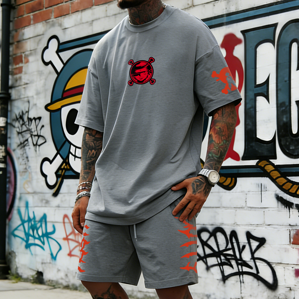 OP-Unisex Anime Inspired Vintage T-shirt& Shorts 2 Pieces Set