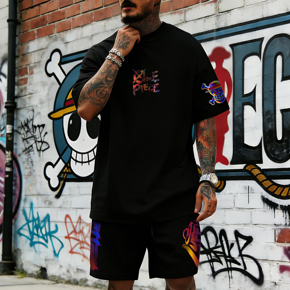 OP-Unisex Anime Inspired Vintage T-shirt& Shorts 2 Pieces Set