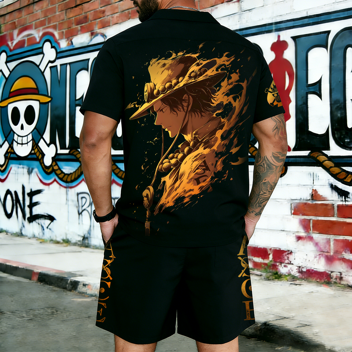 OP-Unisex Anime Inspired Vintage Short-sleeved Shirt Set