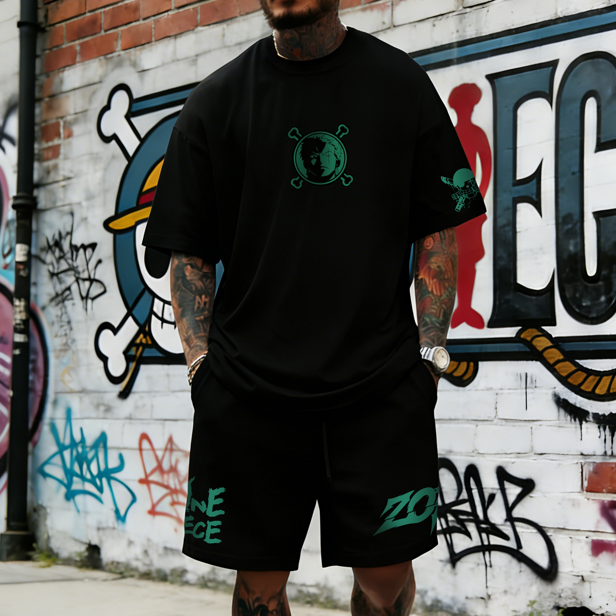 OP-Unisex Anime Inspired Vintage T-shirt& Shorts 2 Pieces Set
