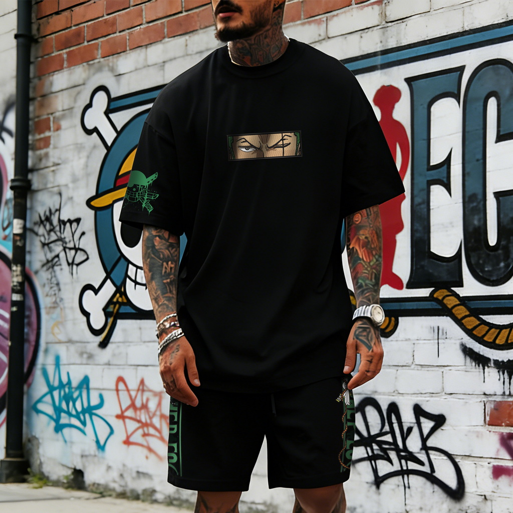 OP-Unisex Anime Inspired Vintage T-shirt& Shorts 2 Pieces Set