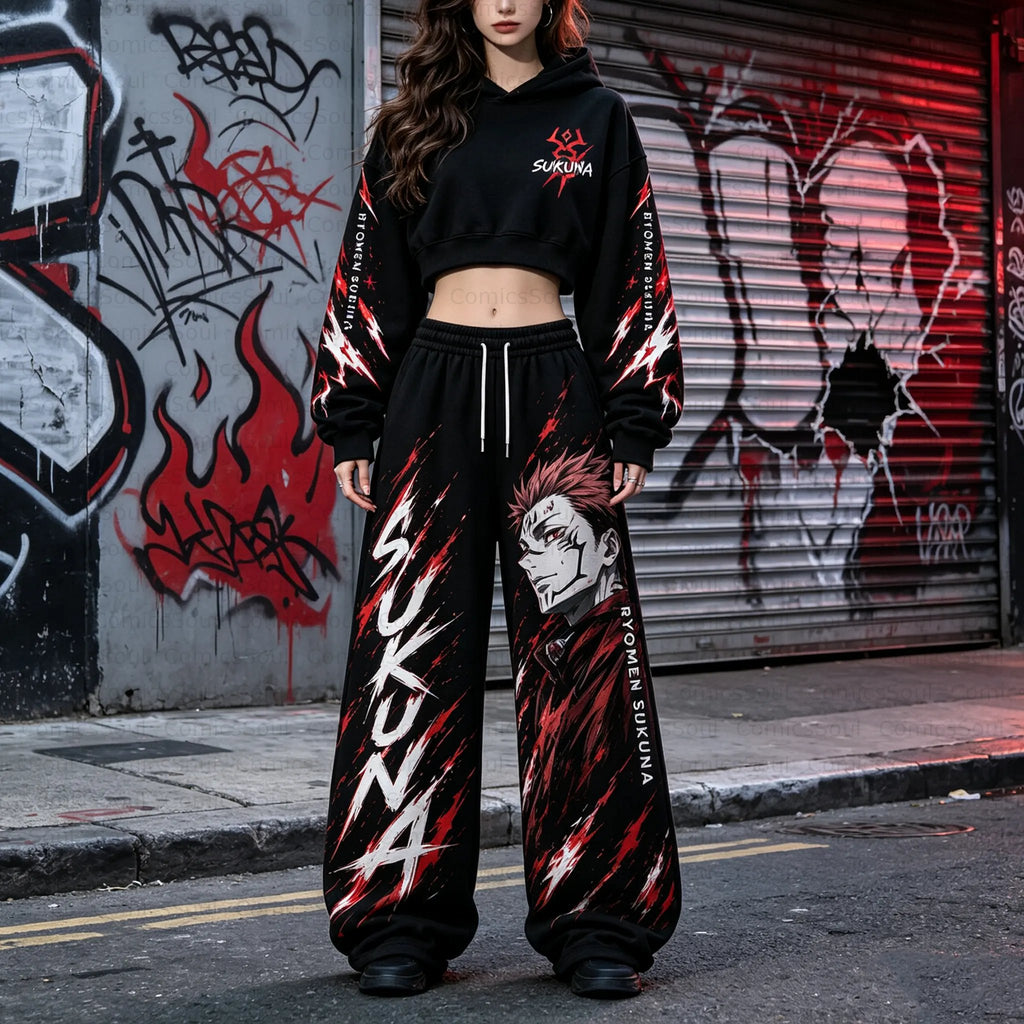 Jujutsu Kaisen Cropped Long Sleeve Hoodie & High Waist Jogger Pants Two Piece
