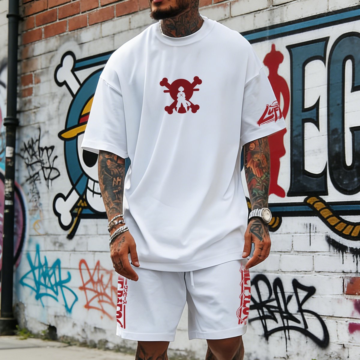 OP-Unisex Anime Inspired Vintage T-shirt& Shorts 2 Pieces Set