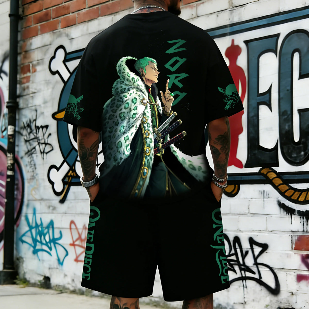 OP-Unisex Anime Inspired Vintage T-shirt& Shorts 2 Pieces Set