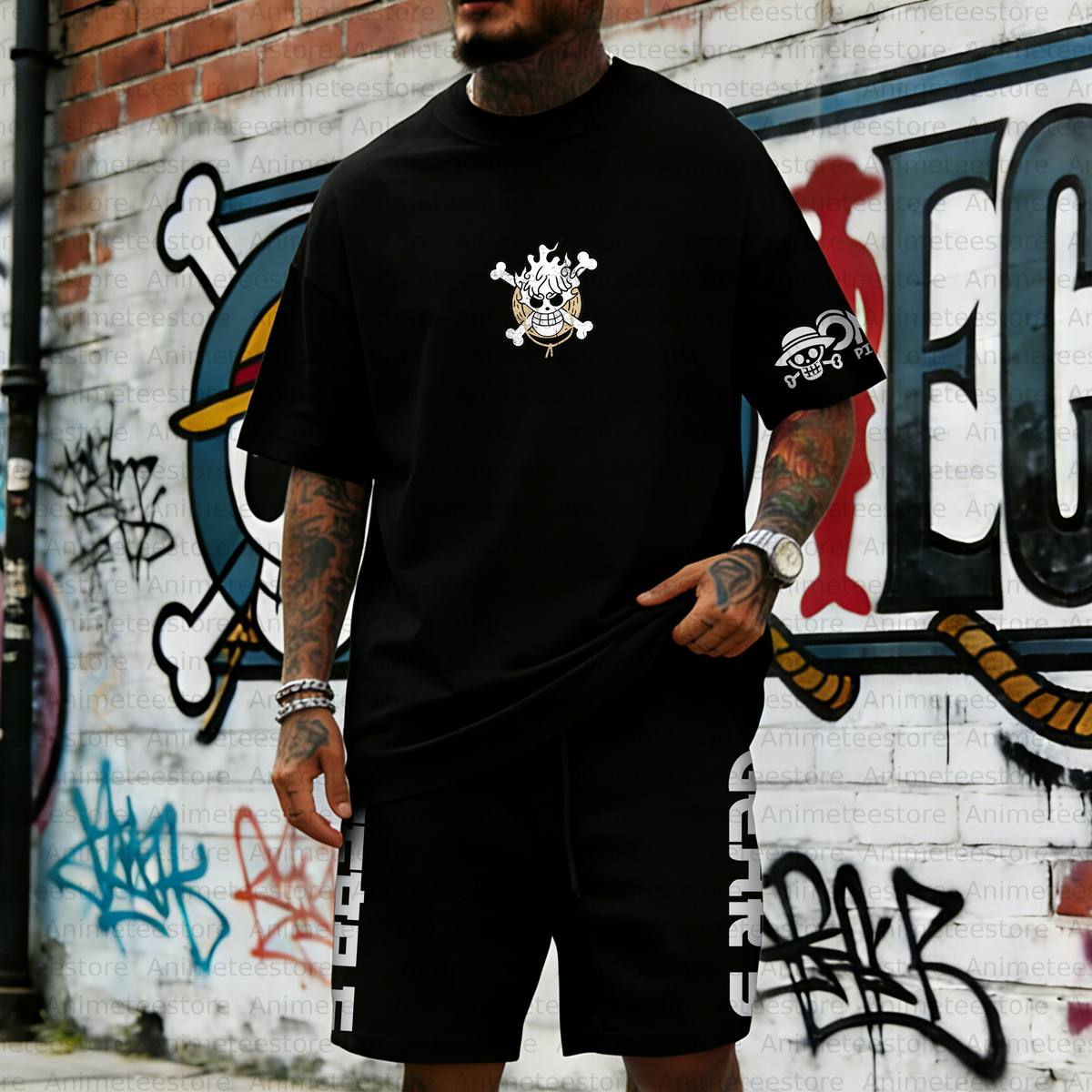 OP-Unisex Anime Inspired Vintage T-shirt& Shorts 2 Pieces Set