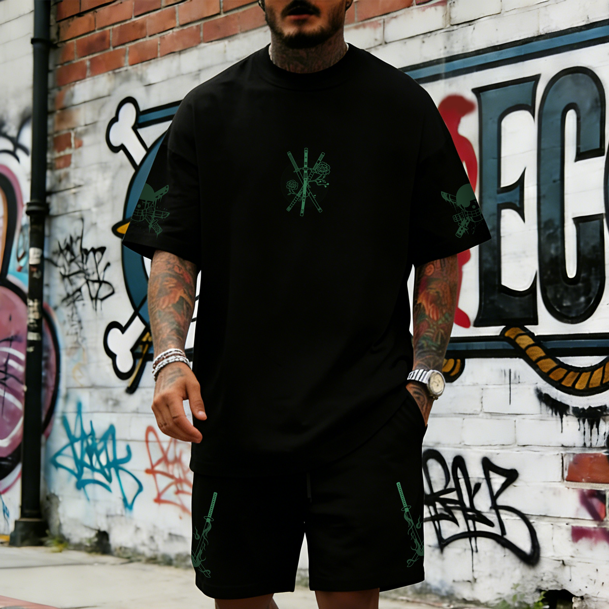 Unisex Anime Inspired Vintage T-shirt& Shorts 2 Pieces Set