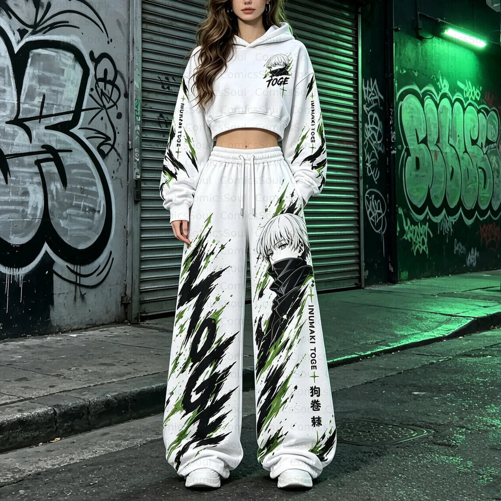 Jujutsu Kaisen Cropped Long Sleeve Hoodie & High Waist Jogger Pants Two Piece