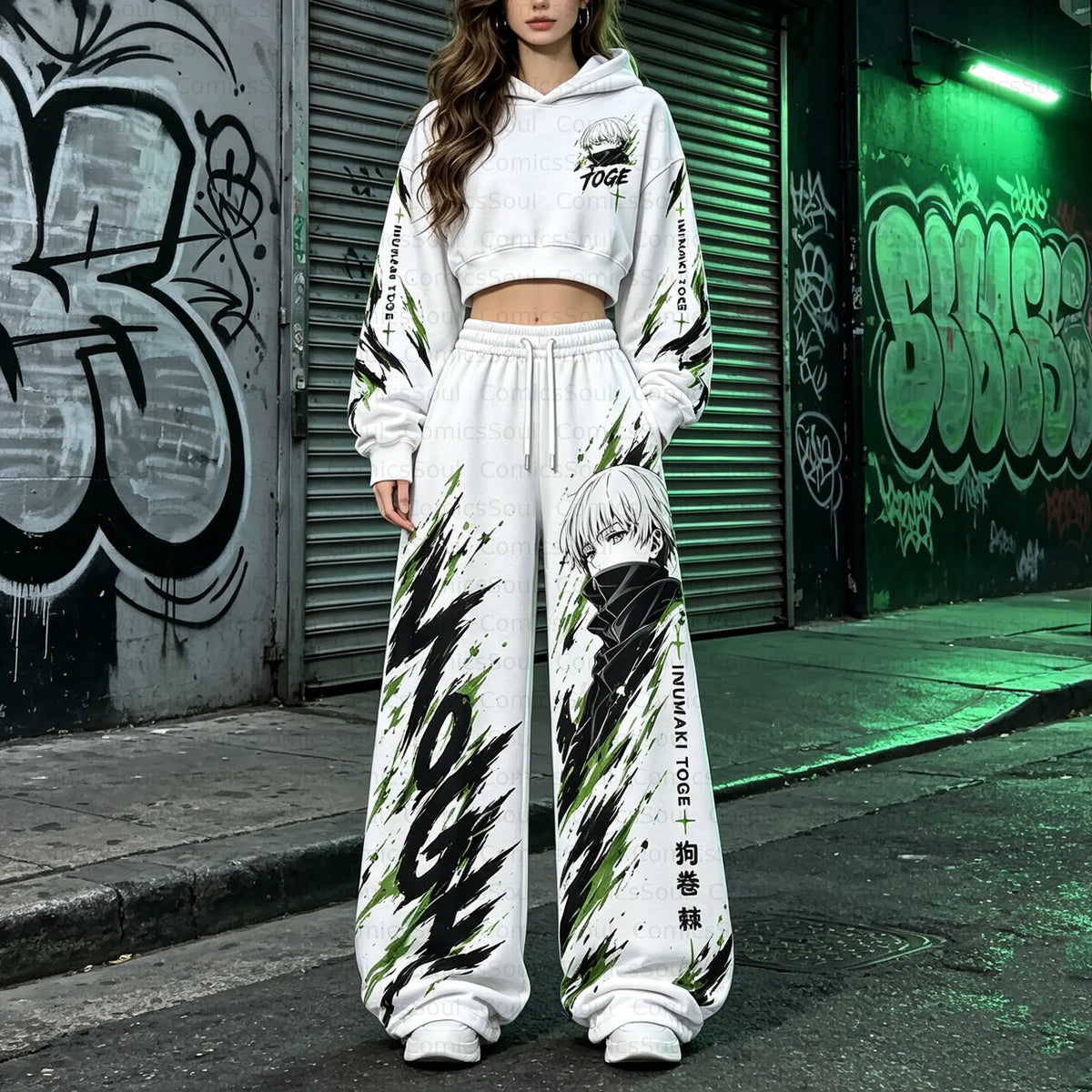 Jujutsu Kaisen Cropped Long Sleeve Hoodie & High Waist Jogger Pants Two Piece
