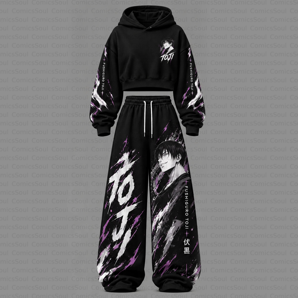 Jujutsu Kaisen Cropped Long Sleeve Hoodie & High Waist Jogger Pants Two Piece