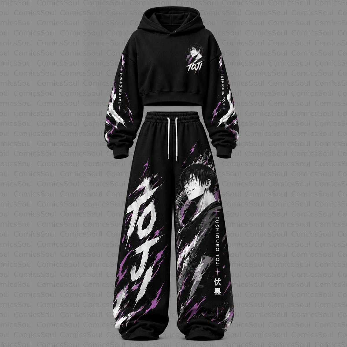 Jujutsu Kaisen Cropped Long Sleeve Hoodie & High Waist Jogger Pants Two Piece