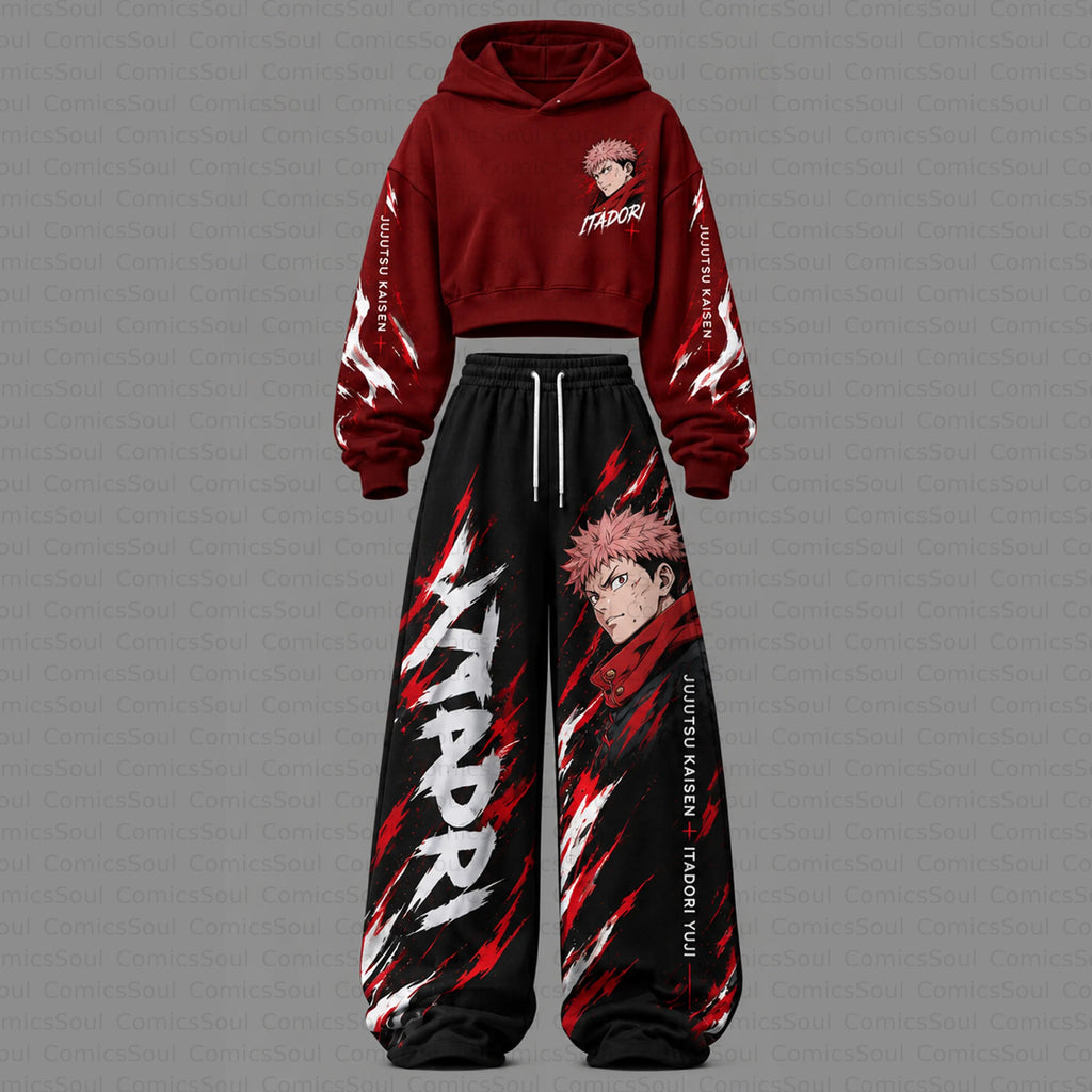 Jujutsu Kaisen Cropped Long Sleeve Hoodie & High Waist Jogger Pants Two Piece