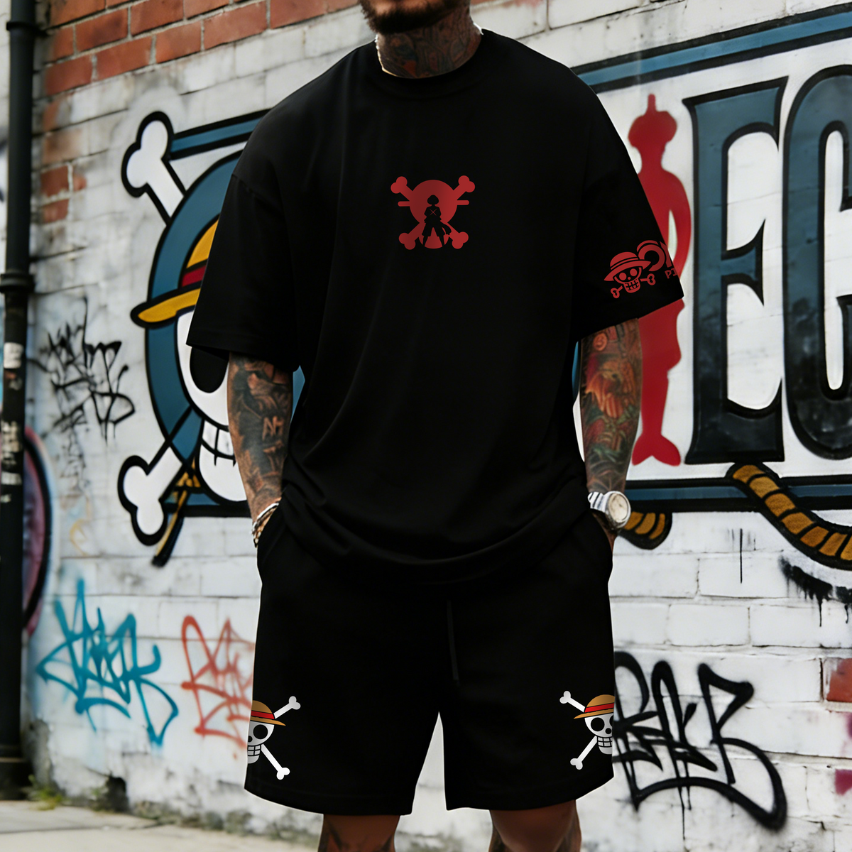 OP-Unisex Anime Inspired Vintage T-shirt& Shorts 2 Pieces Set