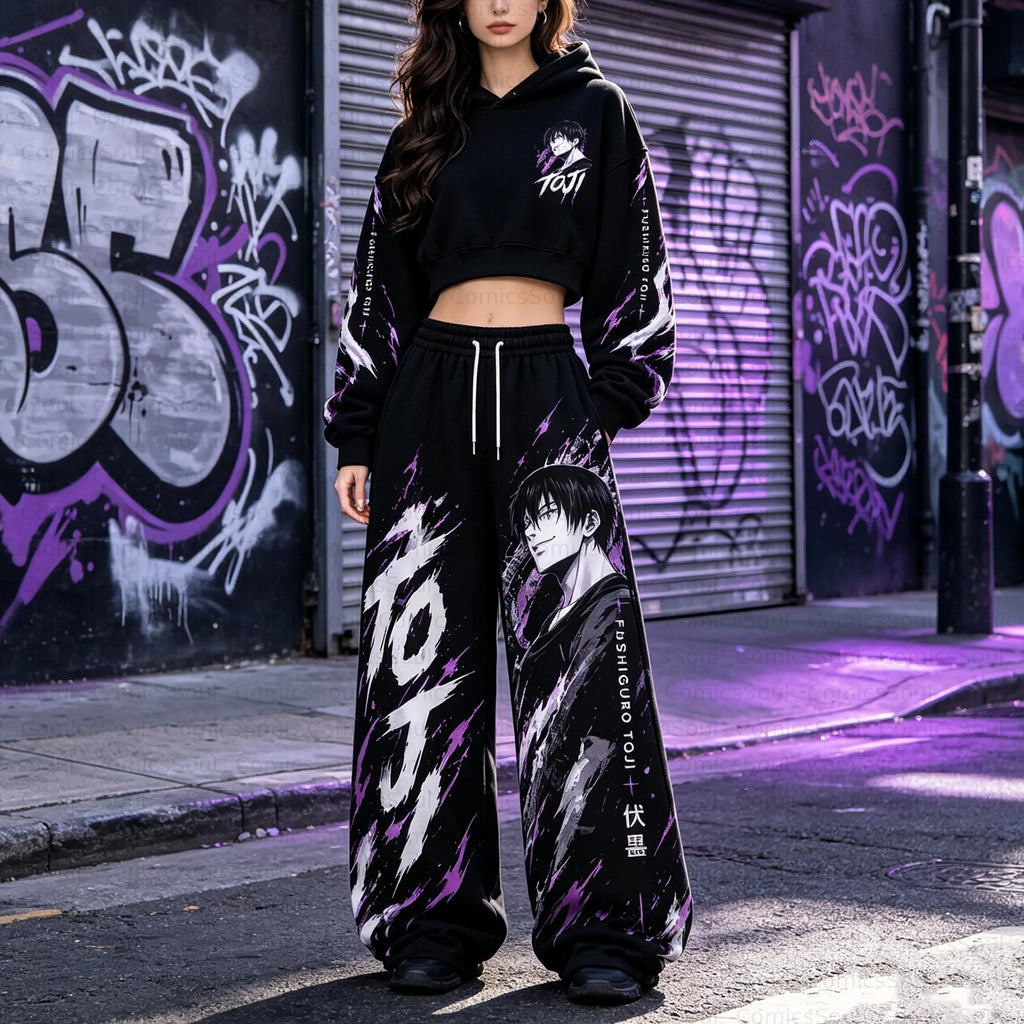 Jujutsu Kaisen Cropped Long Sleeve Hoodie & High Waist Jogger Pants Two Piece