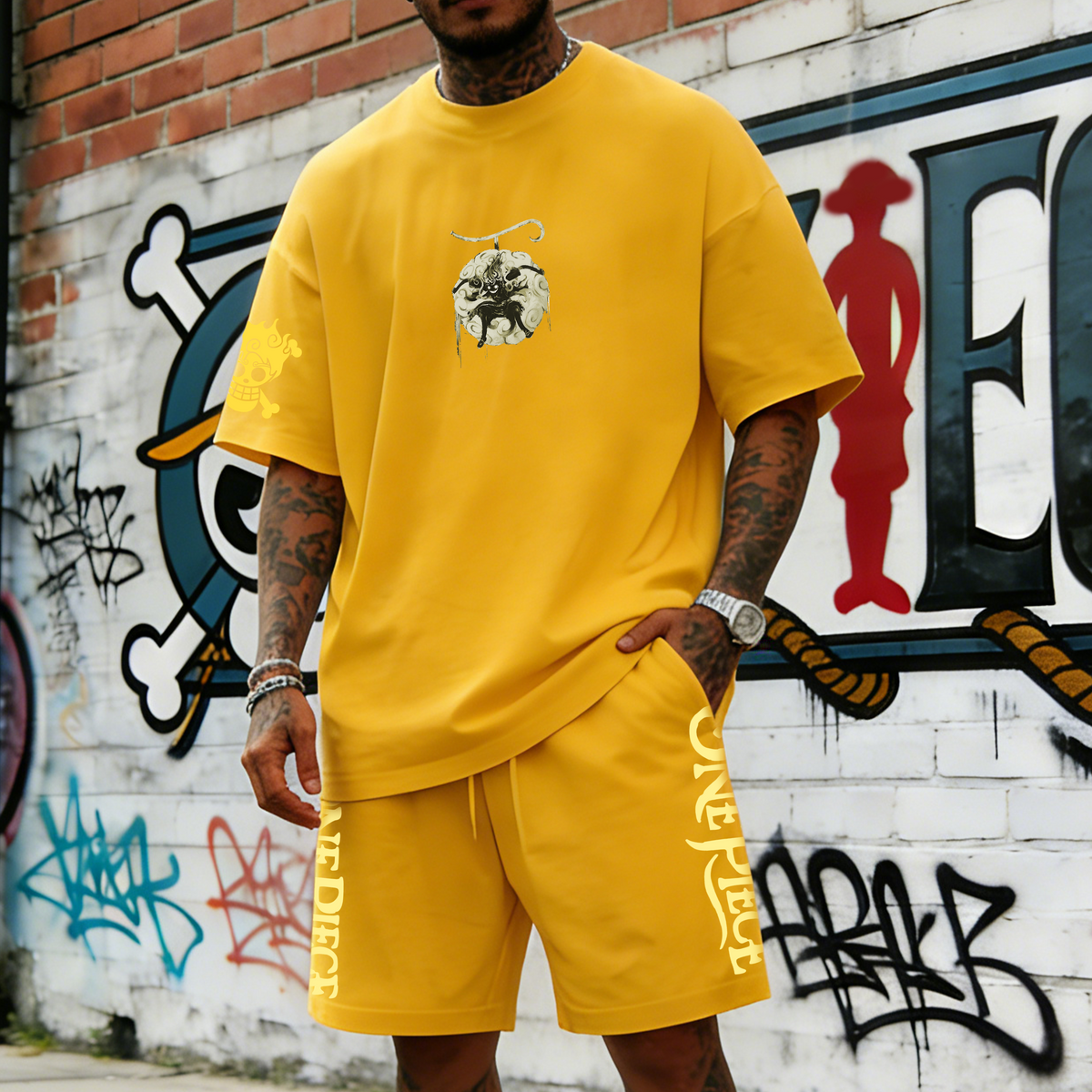 OP-Unisex Anime Inspired Vintage T-shirt& Shorts 2 Pieces Set