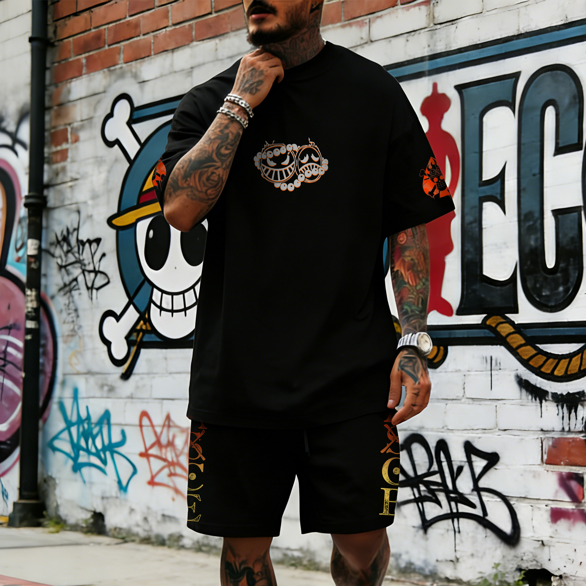 OP-Unisex Anime Inspired Vintage T-shirt& Shorts 2 Pieces Set