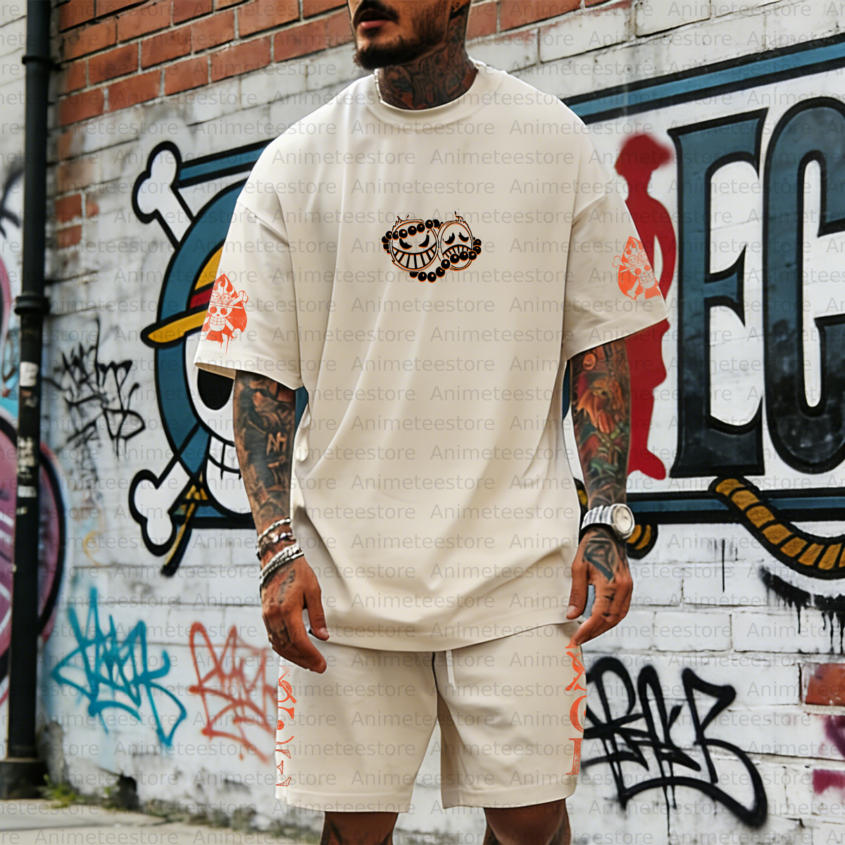 Unisex Anime Inspired Vintage T-shirt& Shorts 2 Pieces Set