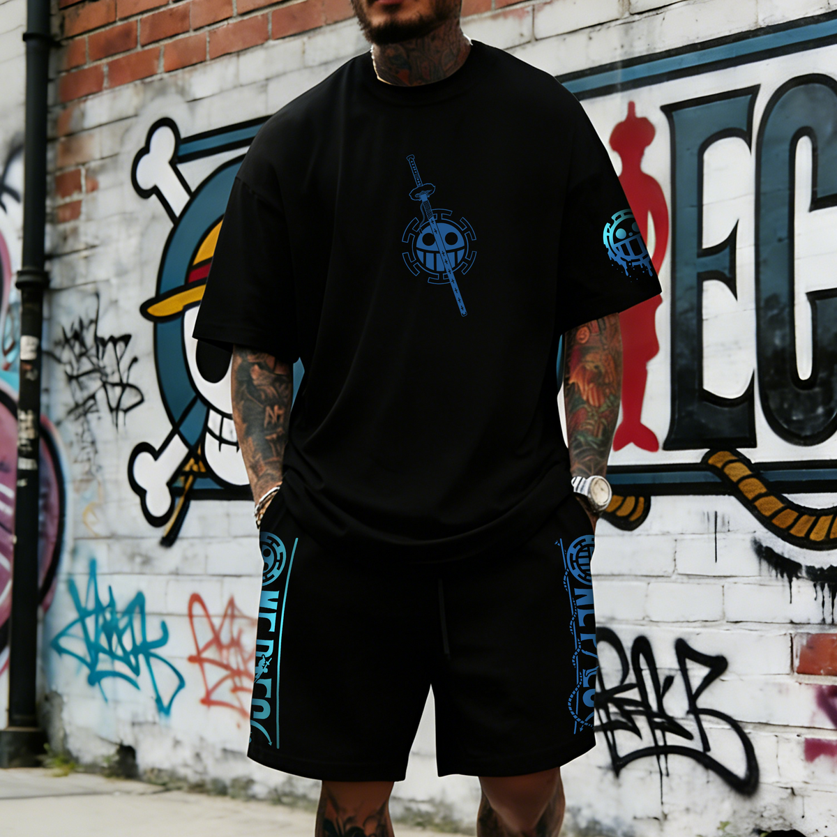 OP-Unisex Anime Inspired Vintage T-shirt& Shorts 2 Pieces Set