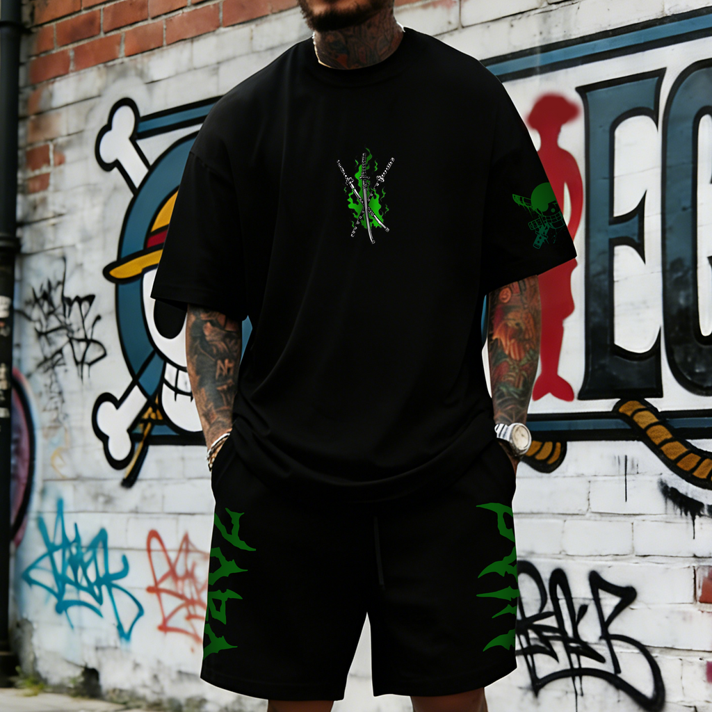 OP-Unisex Anime Inspired Vintage T-shirt& Shorts 2 Pieces Set