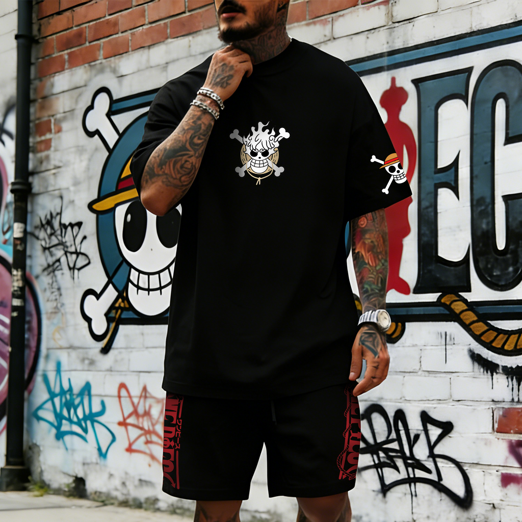 OP-Unisex Anime Inspired Vintage T-shirt& Shorts 2 Pieces Set