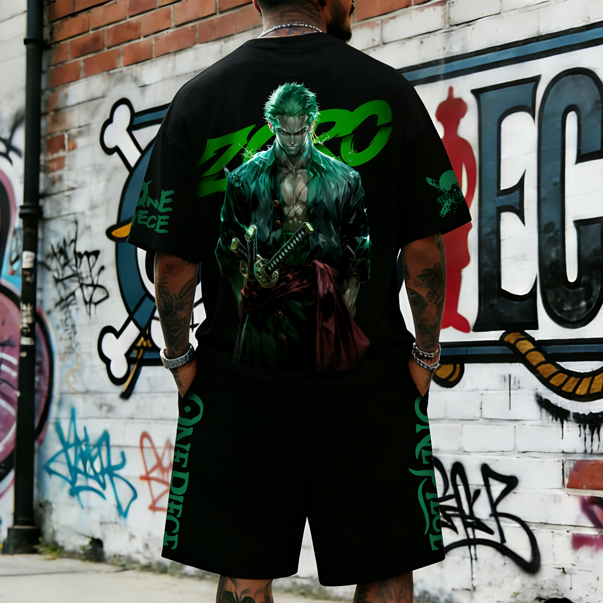 OP-Unisex Anime Inspired Vintage T-shirt& Shorts 2 Pieces Set