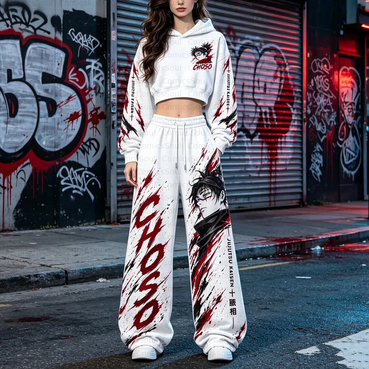 Jujutsu Kaisen Cropped Long Sleeve Hoodie & High Waist Jogger Pants Two Piece