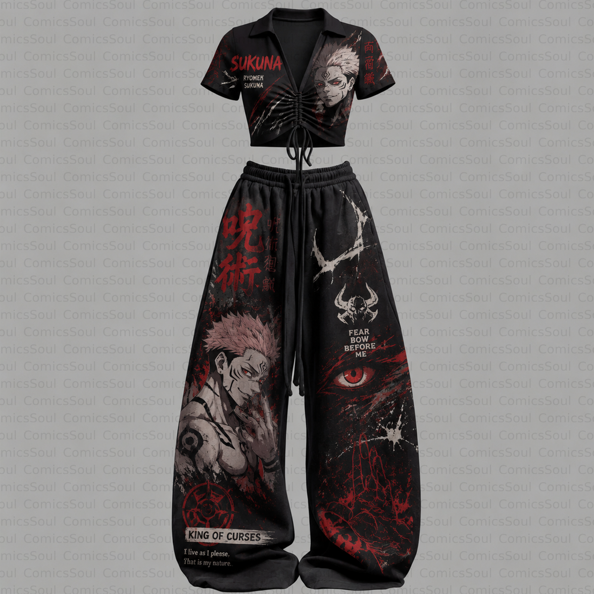 Jujutsu Kaisen Drawstring Short Sleeve Top & Long Pants Two-Piece Set
