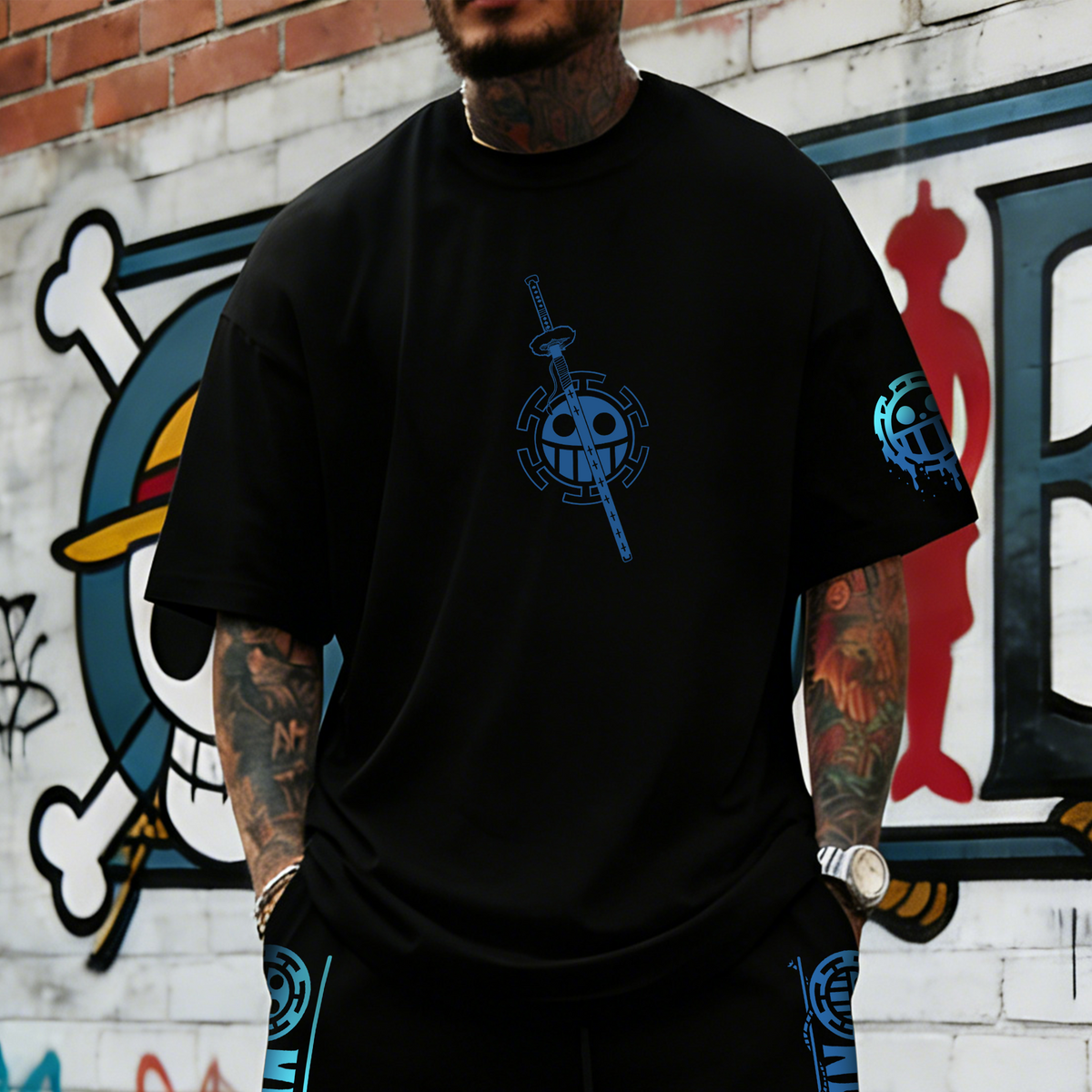 OP-Unisex Anime Inspired Vintage T-shirt& Shorts 2 Pieces Set