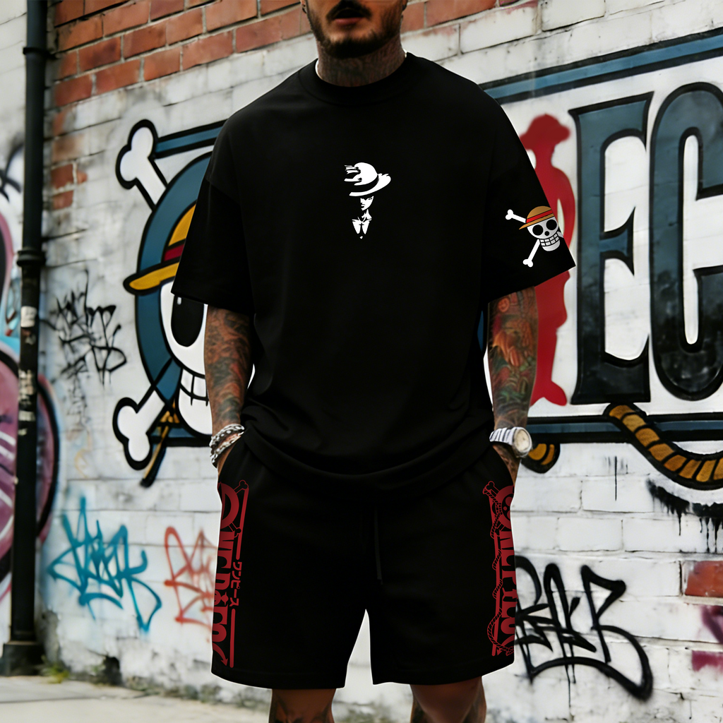 OP-Unisex Anime Inspired Vintage T-shirt& Shorts 2 Pieces Set
