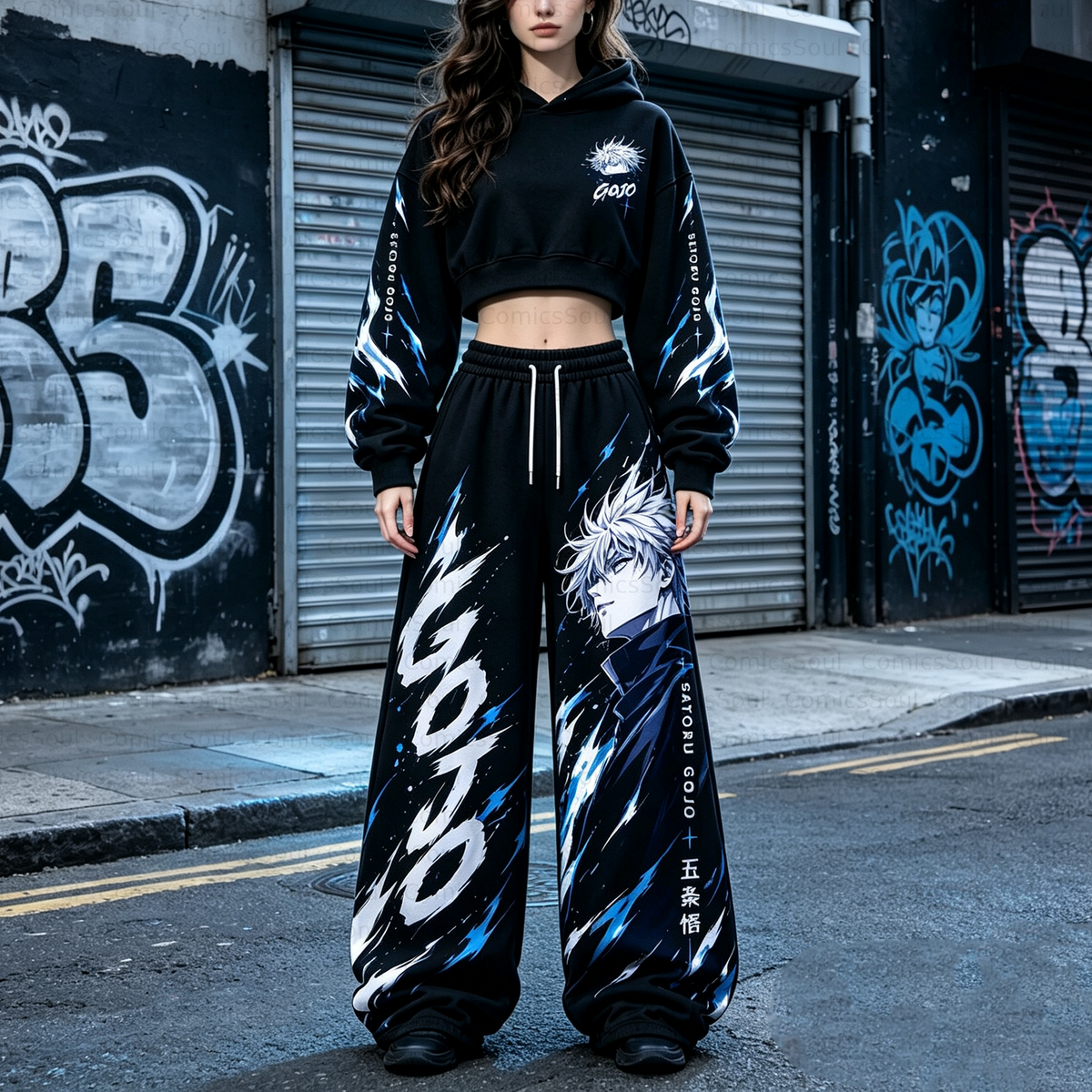 Jujutsu Kaisen Cropped Long Sleeve Hoodie & High Waist Jogger Pants Two Piece