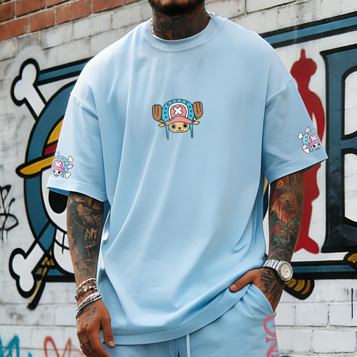 OP-Unisex Anime Inspired Vintage T-shirt& Shorts 2 Pieces Set