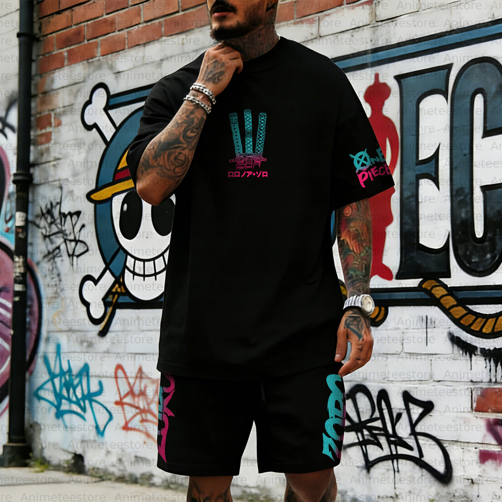 OP-Unisex Anime Inspired Vintage T-shirt& Shorts 2 Pieces Set