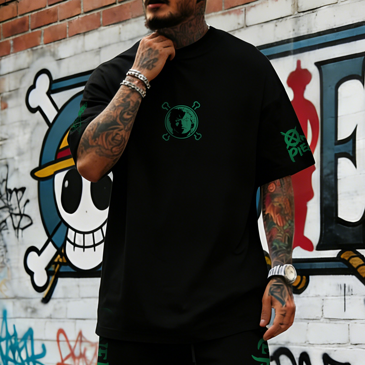 OP-Unisex Anime Inspired Vintage T-shirt& Shorts 2 Pieces Set