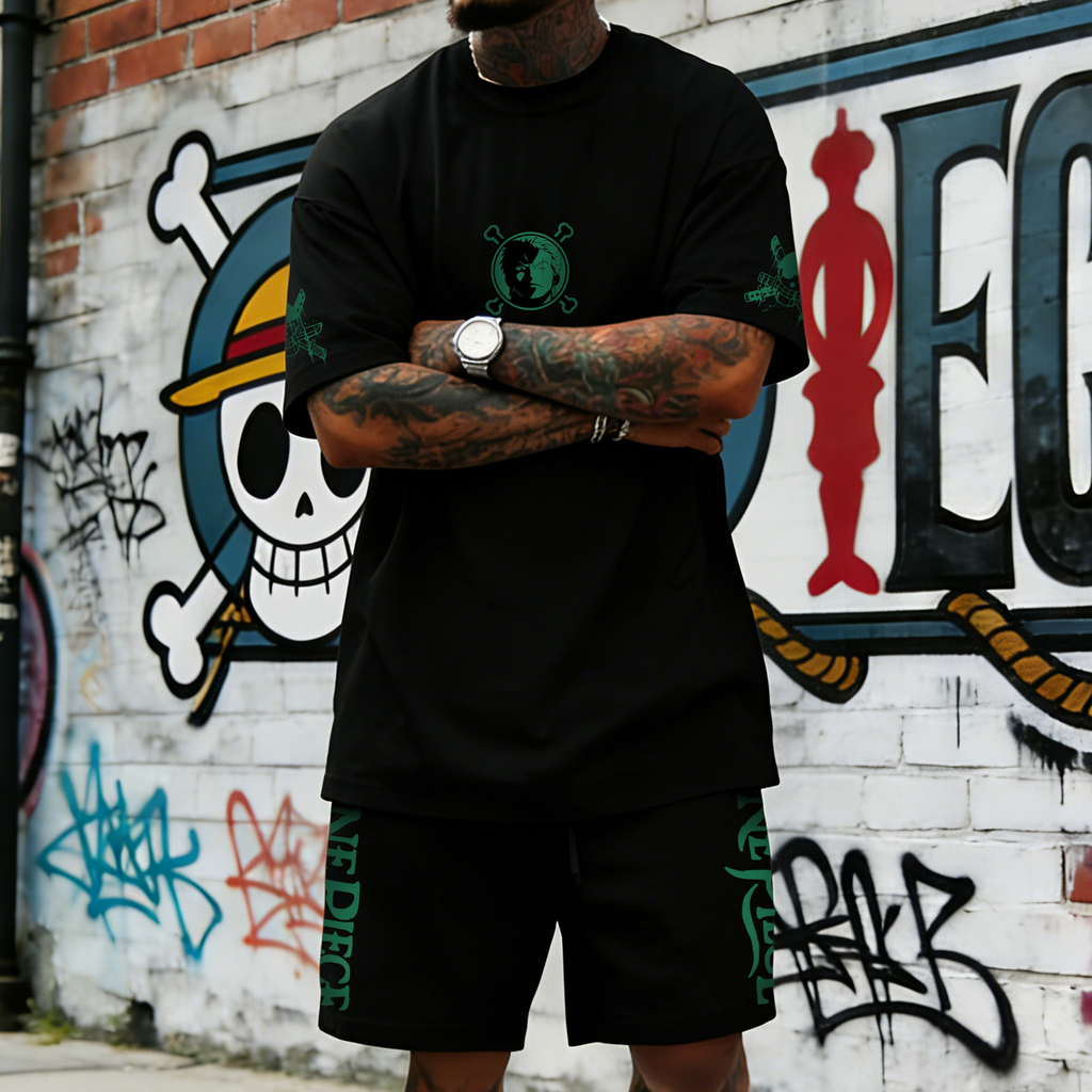 OP-Unisex Anime Inspired Vintage T-shirt& Shorts 2 Pieces Set