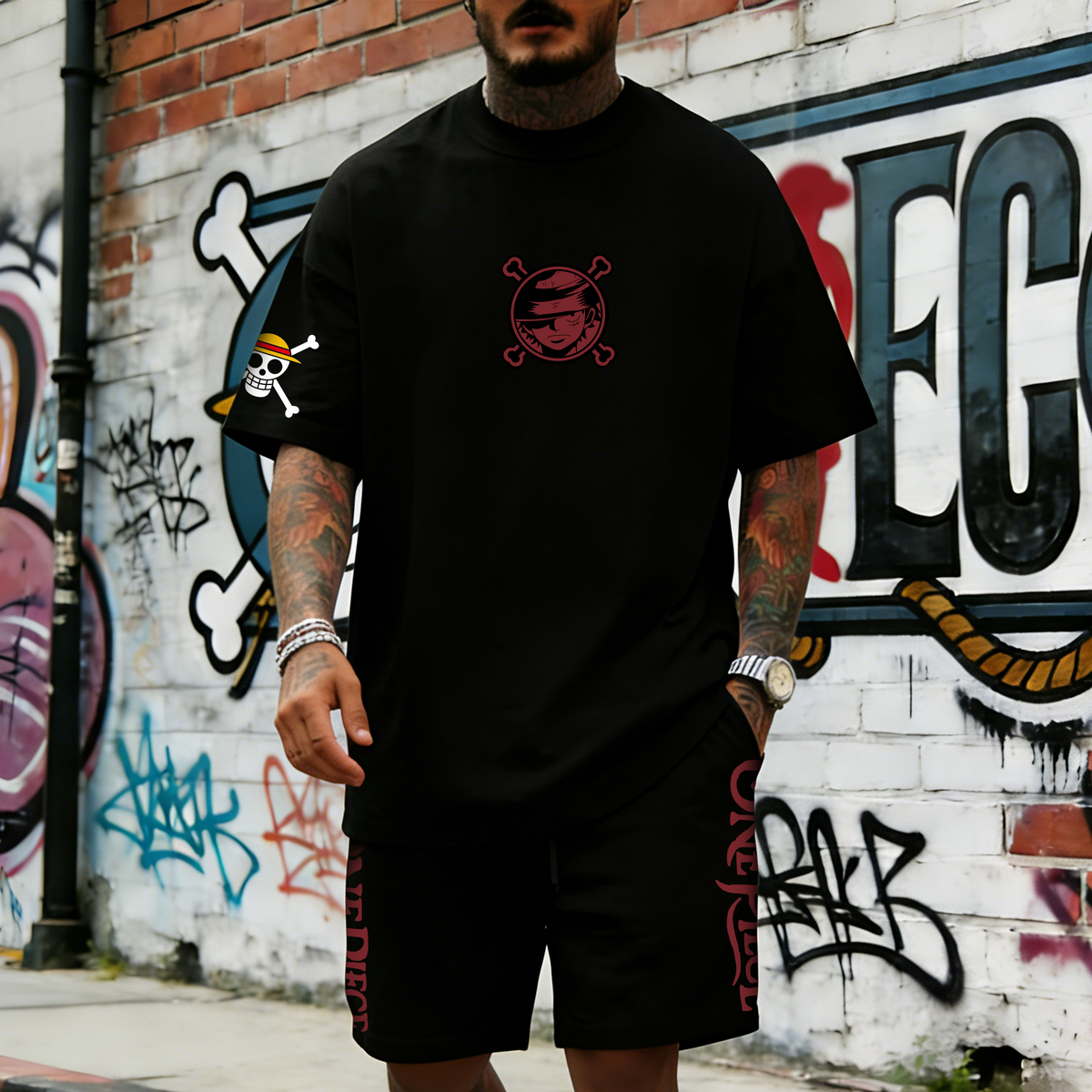 OP-Unisex Anime Inspired Vintage T-shirt& Shorts 2 Pieces Set